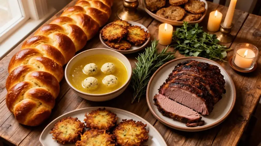 Matzo ball soup served at a cozy Jewish holiday table with challah and candles