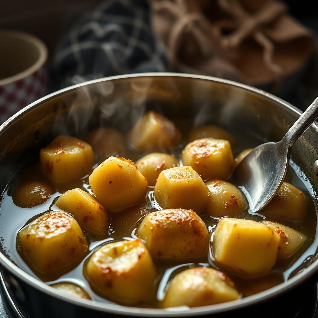 Parboiled whole potatoes frying slowly in golden oil in a deep pot, being turned with a slotted spoon as a crisp golden crust develops, with steam rising
