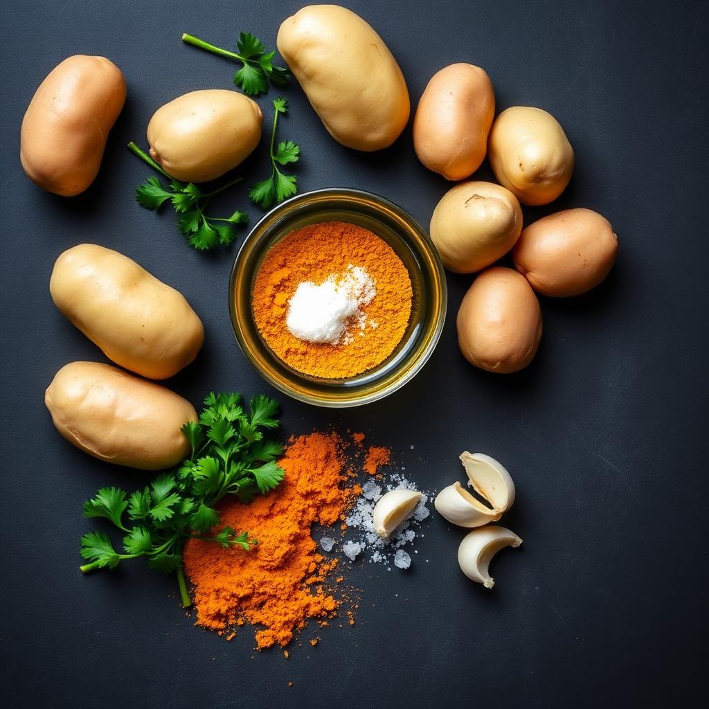 Overhead flat lay of aloo makala ingredients including whole peeled potatoes, turmeric powder, salt, a bowl of oil, fresh cilantro, and garlic cloves on a dark slate surface