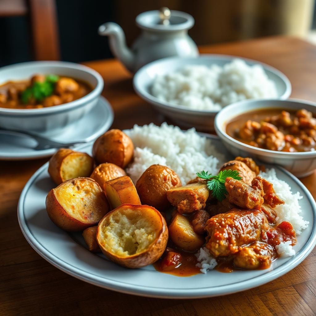A served plate of aloo makala crispy potatoes with one split open beside Calcutta Jewish chicken curry and steamed rice on a warm wooden table