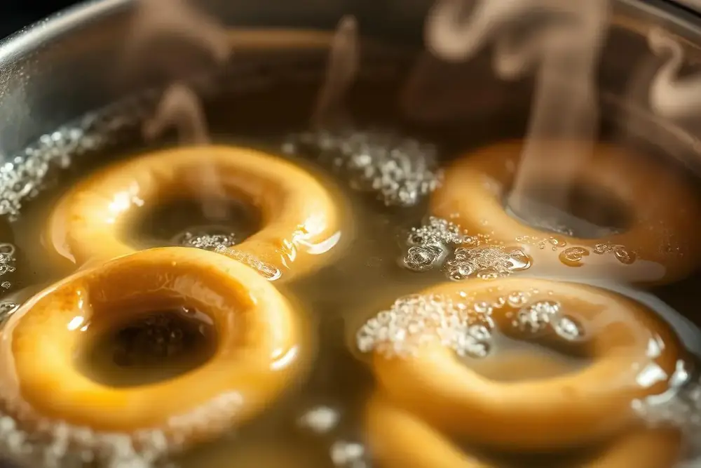 Bagel rings boiling in a pot of bubbling malted water with steam rising