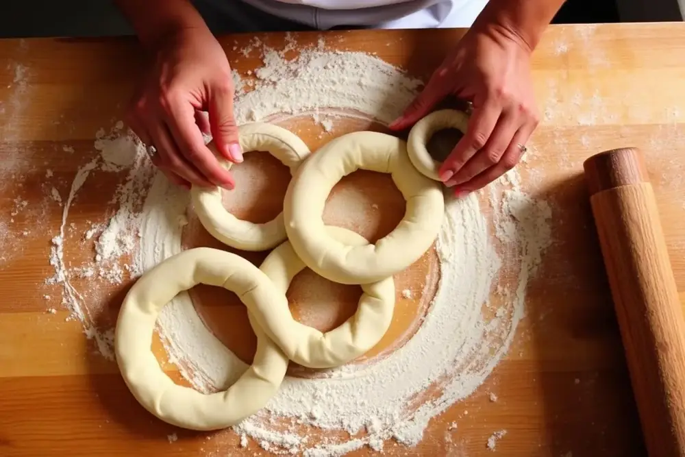 Hands shaping raw bagel dough into rings on a floured wooden surface