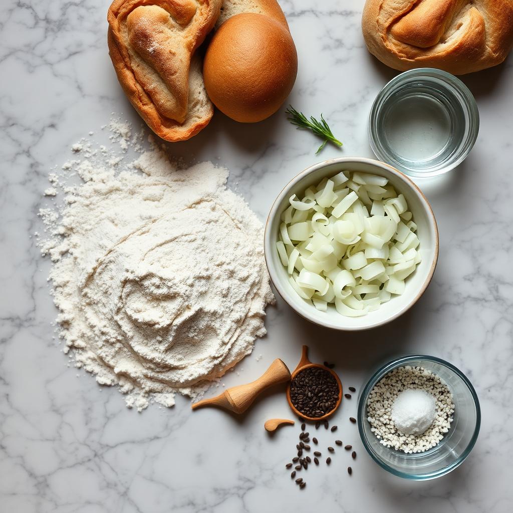 Flat lay of bialy ingredients: bread flour, chopped onions, poppy seeds, salt, water and yeast on a marble surface