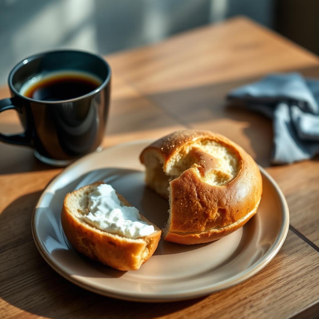 A bialy split open and spread with cream cheese on a ceramic plate beside a cup of black coffee in morning light