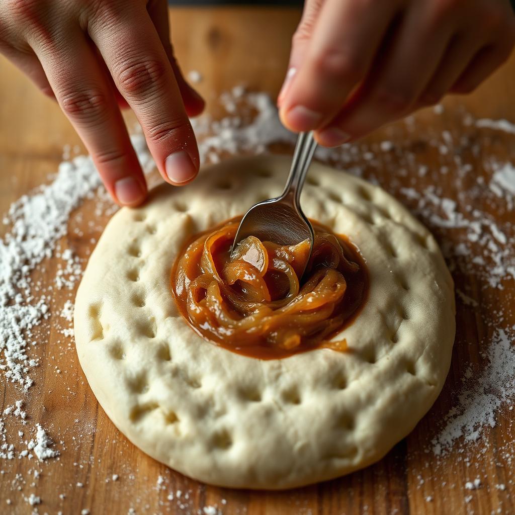 Hands pressing a well into a round of bialy dough and spooning caramelized onion filling into the center on a floured board