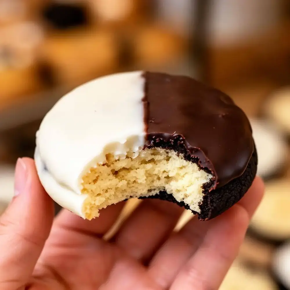 A black and white cookie with a bite taken out, revealing a soft pale golden vanilla cake-like interior under the vanilla and chocolate fondant