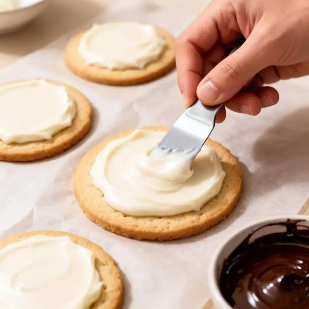 A hand spreading glossy white vanilla fondant icing onto the flat side of a cake-like cookie with a small offset spatula, a bowl of dark chocolate glaze nearby