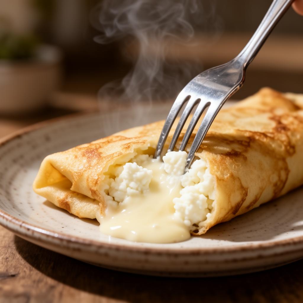 A cheese blintz cut open with a fork revealing creamy sweet farmer's cheese filling and steam rising
