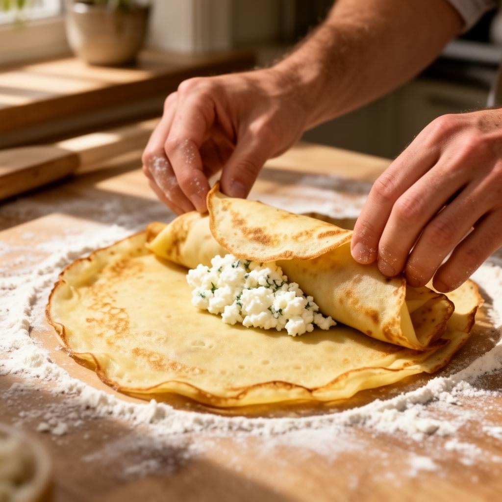 Hands folding a thin golden crepe around a spoonful of farmer's cheese on a floured counter