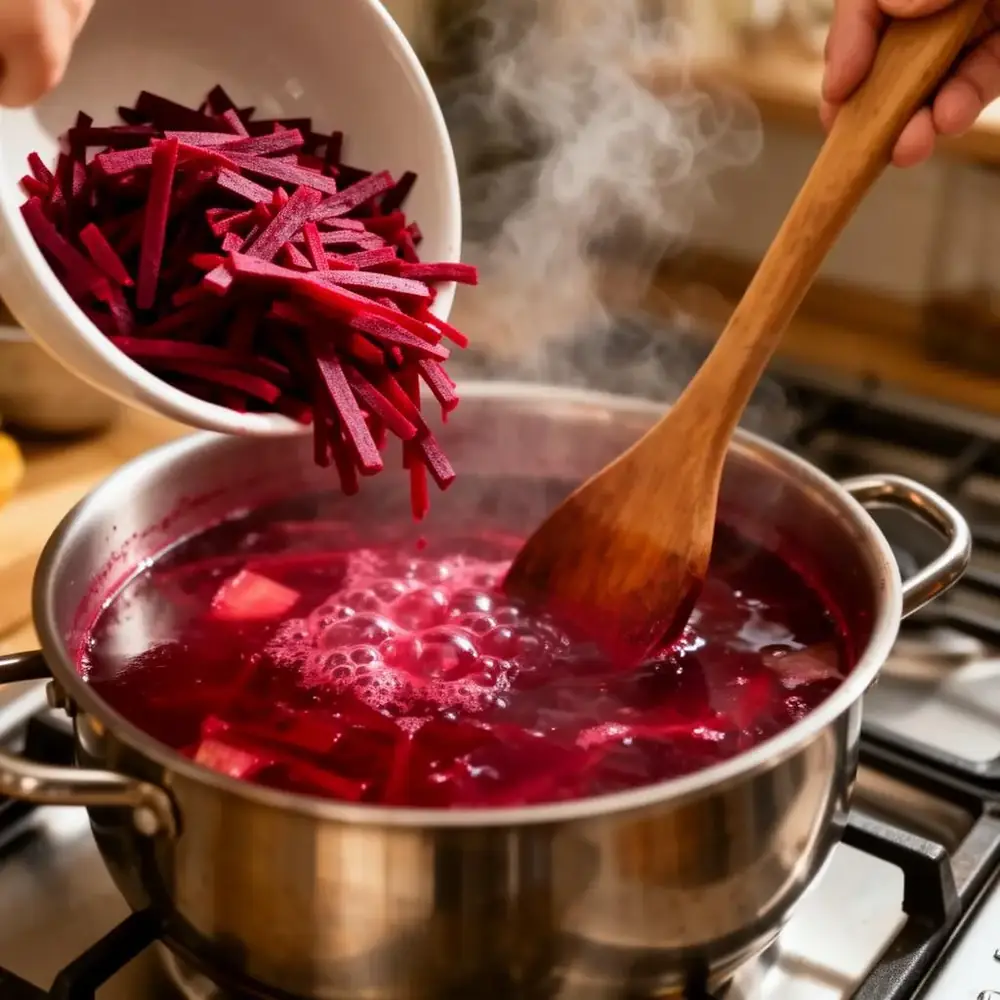 Grated ruby-red beets being added to a pot of simmering borscht with steam rising and a wooden spoon