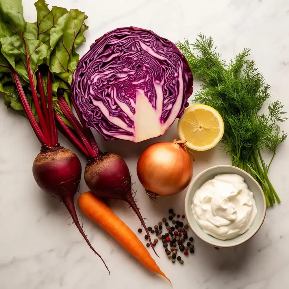 Raw cold beet borscht ingredients: fresh beets, cabbage, carrot, onion, lemon, dill and sour cream on marble