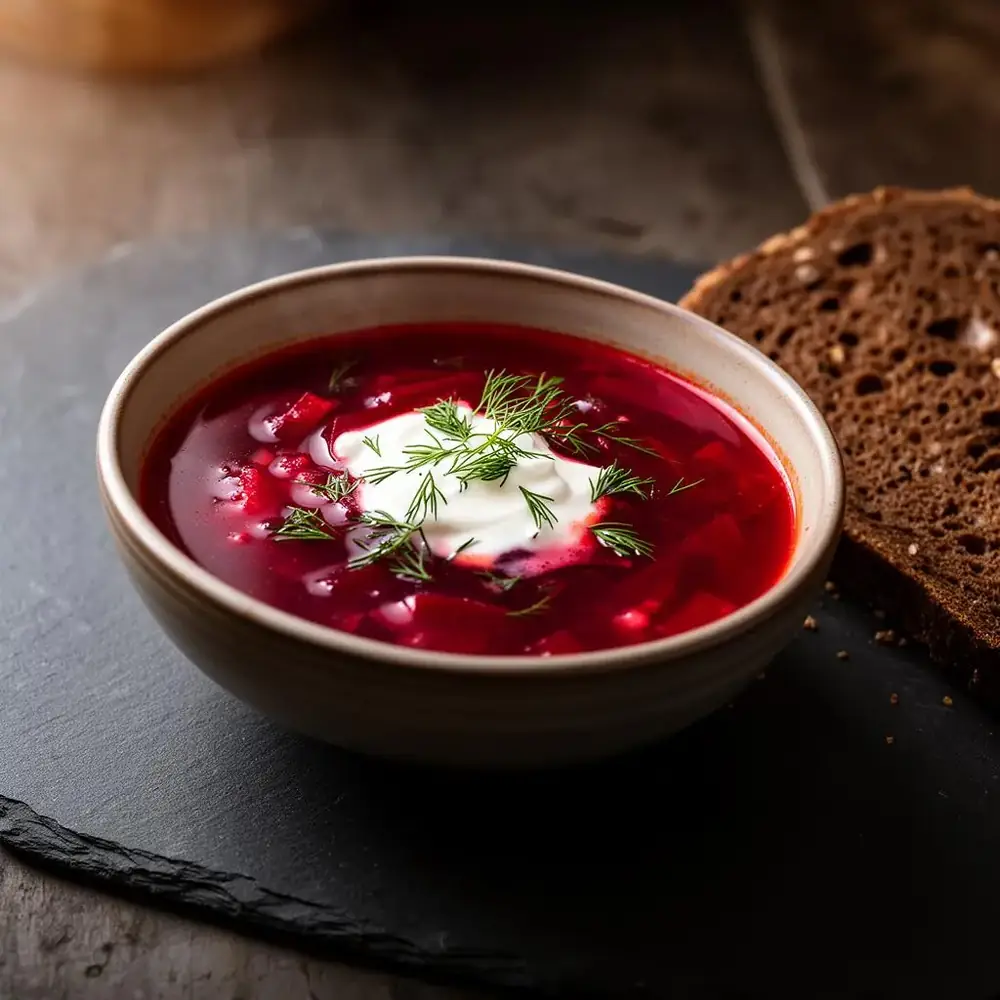 Bowl of beet borscht with melting sour cream and fresh dill beside a slice of dark rye bread