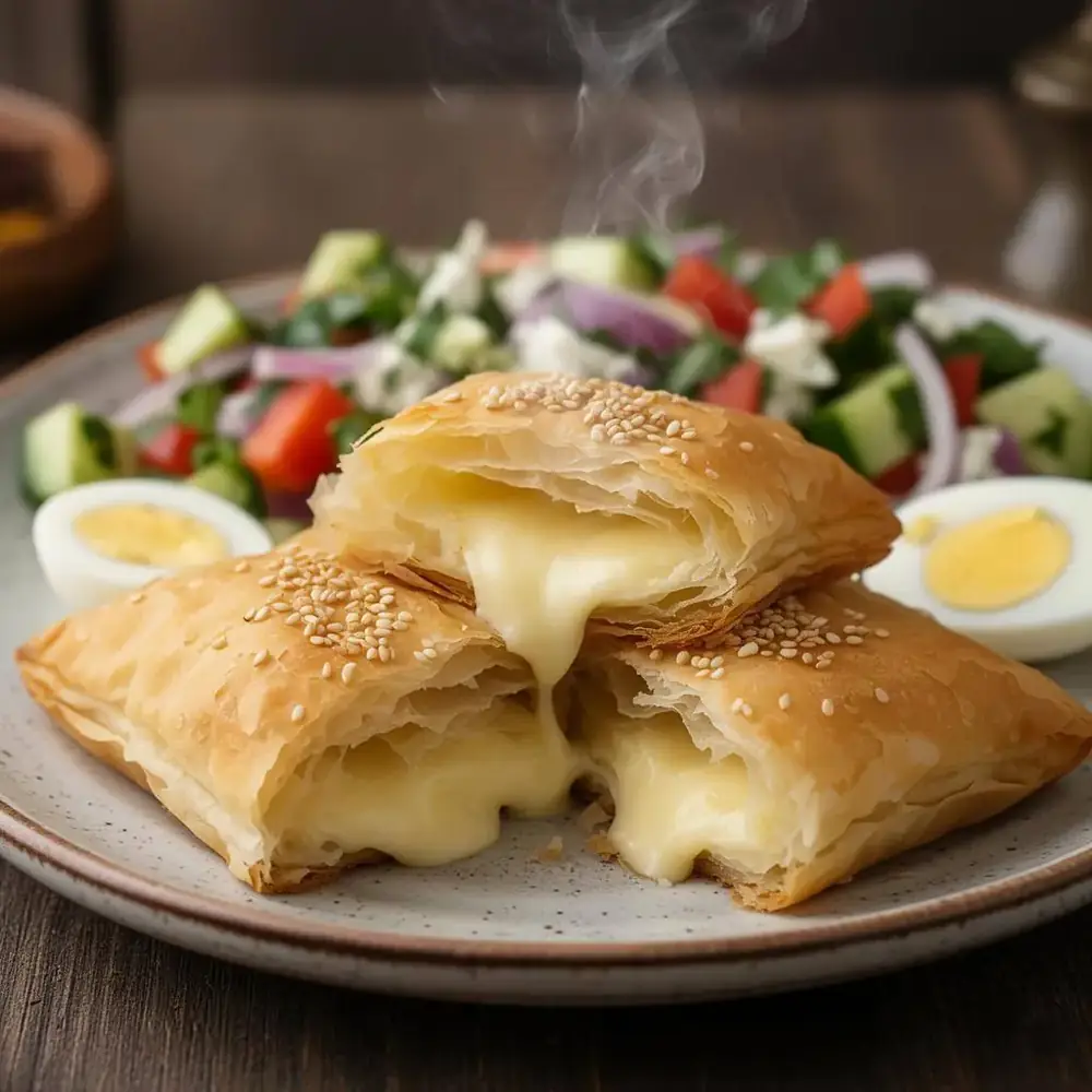A cheese boureka split open showing steaming flaky layers and molten cheese, served with Israeli salad and a hard-boiled egg
