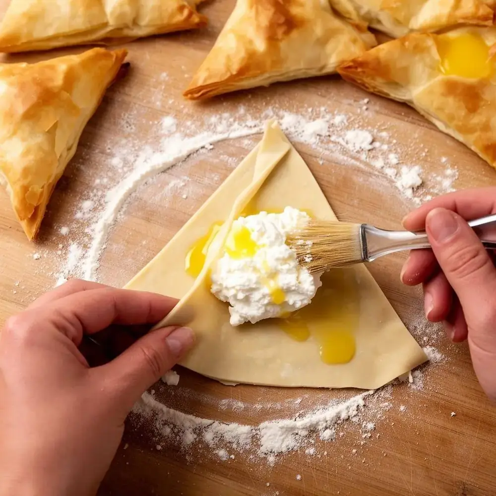 Hands folding puff pastry into a triangle over a spoonful of cheese filling on a floured board