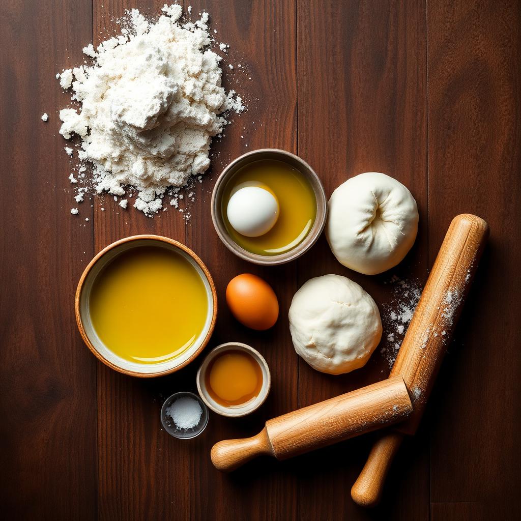 Overhead flat lay of boyoz ingredients including flour, a bowl of sunflower oil, tahini, eggs, salt, a ball of dough, and a floured rolling pin on dark walnut wood