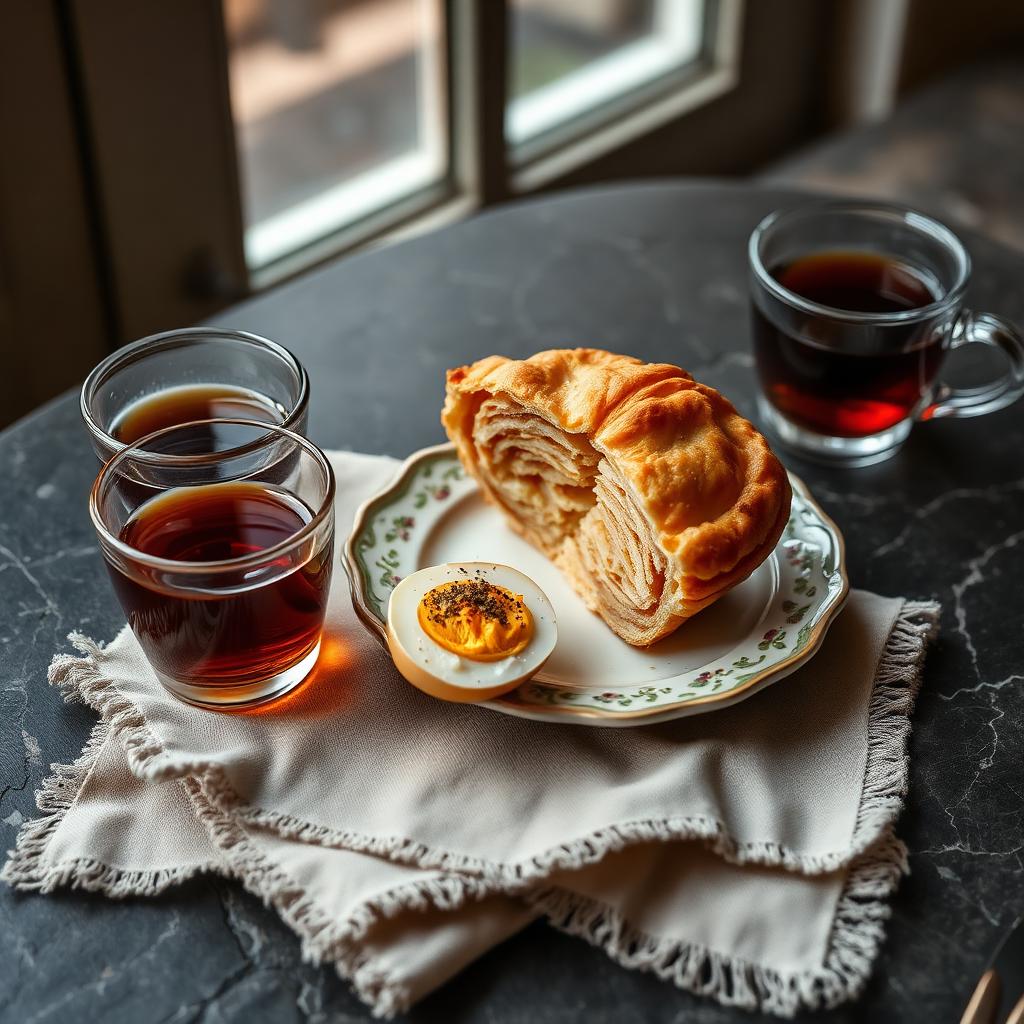 A single boyoz pastry split open showing flaky layers on a vintage plate beside a halved hard-boiled egg sprinkled with cumin and glasses of black tea by a window