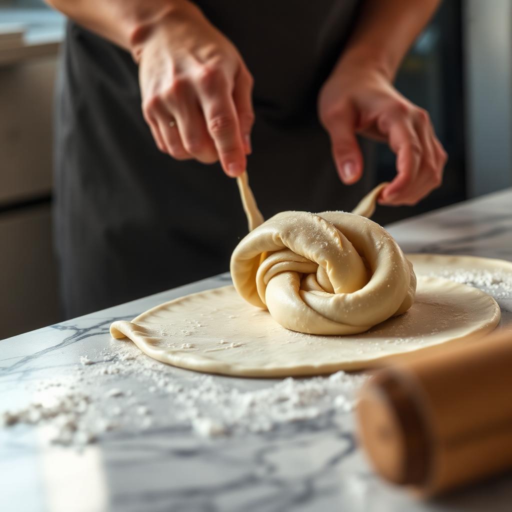Hands stretching a paper-thin sheet of oiled dough on a marble counter and rolling it into a tight coil to shape a boyoz pastry with flour dust in warm light