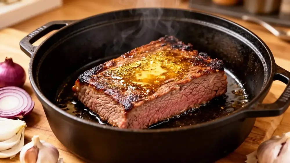 Raw seasoned beef brisket searing in a heavy cast iron Dutch oven with onions and garlic nearby