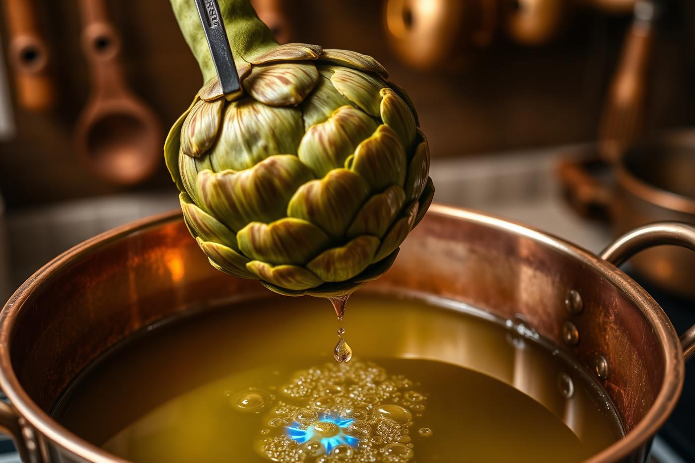 Trimmed artichoke being lowered by tongs into bubbling golden olive oil in a copper pot over a blue flame