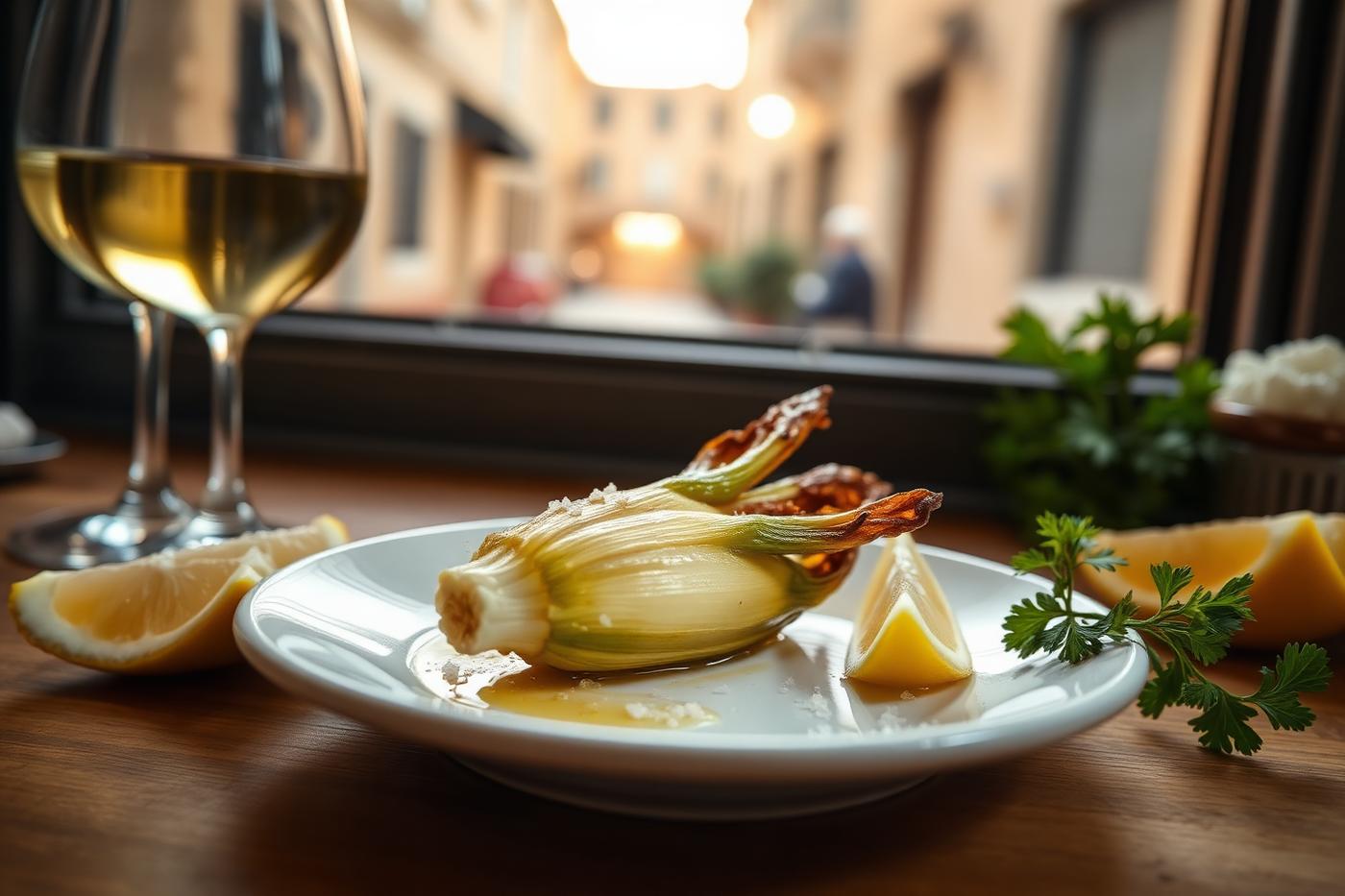 A single crispy carciofo alla giudia on a white plate with lemon wedge and parsley beside a glass of white wine with a Roman street in the blurred background