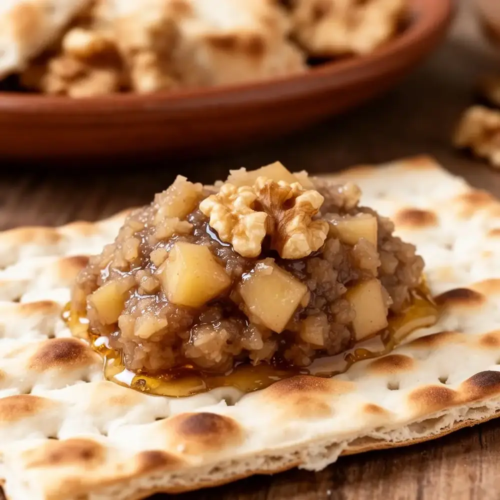 Spoonful of charoset piled on a piece of matzo with honey dripping down