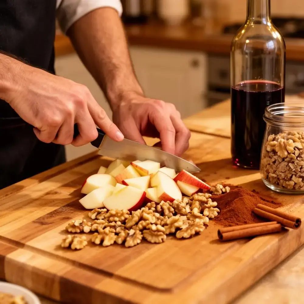 Hands chopping apples and walnuts on a wooden board with cinnamon and red wine for charoset