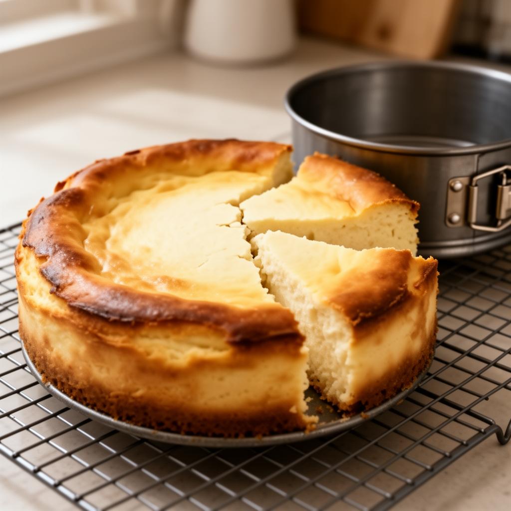 Whole baked Shavuot cheesecake cooling on a wire rack beside a springform pan