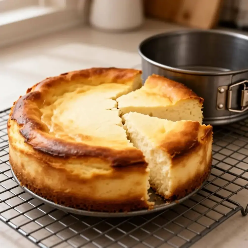 Whole baked Shavuot cheesecake cooling on a wire rack beside a springform pan