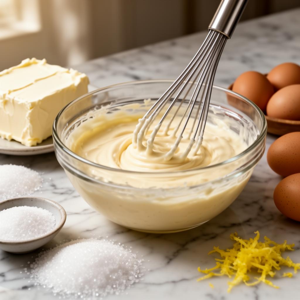 Creamy cheesecake batter being whisked in a glass bowl with cream cheese, eggs, sugar and lemon zest