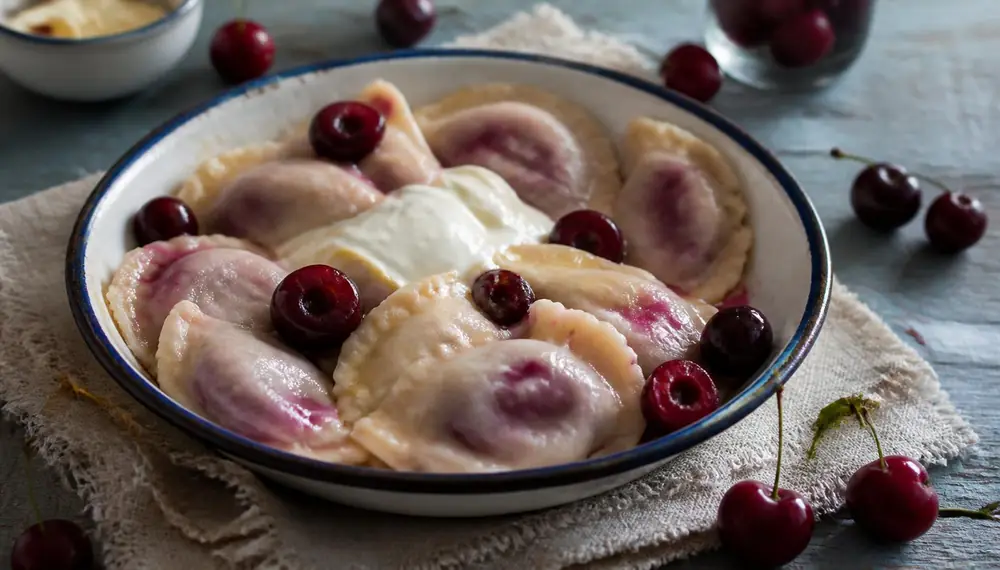 Bowl of boiled cherry varenikes with sour cream and fresh sour cherries on a rustic blue wooden table