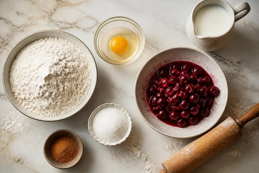 Flat lay of cherry varenikes ingredients: flour, egg, milk, pitted sour cherries in juice, sugar, cinnamon and a wooden rolling pin on marble