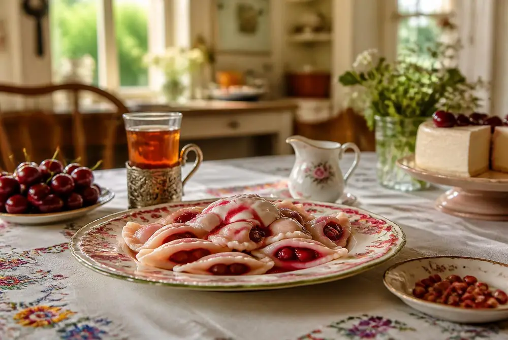 Cherry varenikes on a floral platter with sour cream, a glass of tea and cheesecake on a sunlit Shavuot dairy table