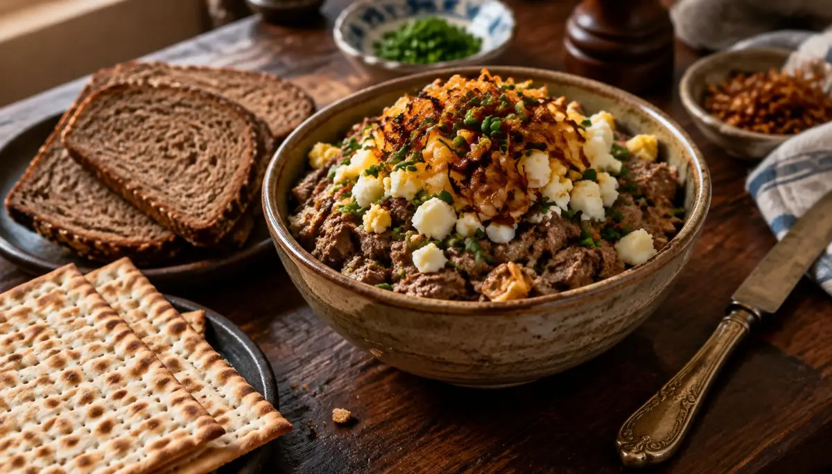 Rustic bowl of Jewish chopped liver topped with crispy fried onions, grated egg and chives, served with rye bread and matzo on a walnut table