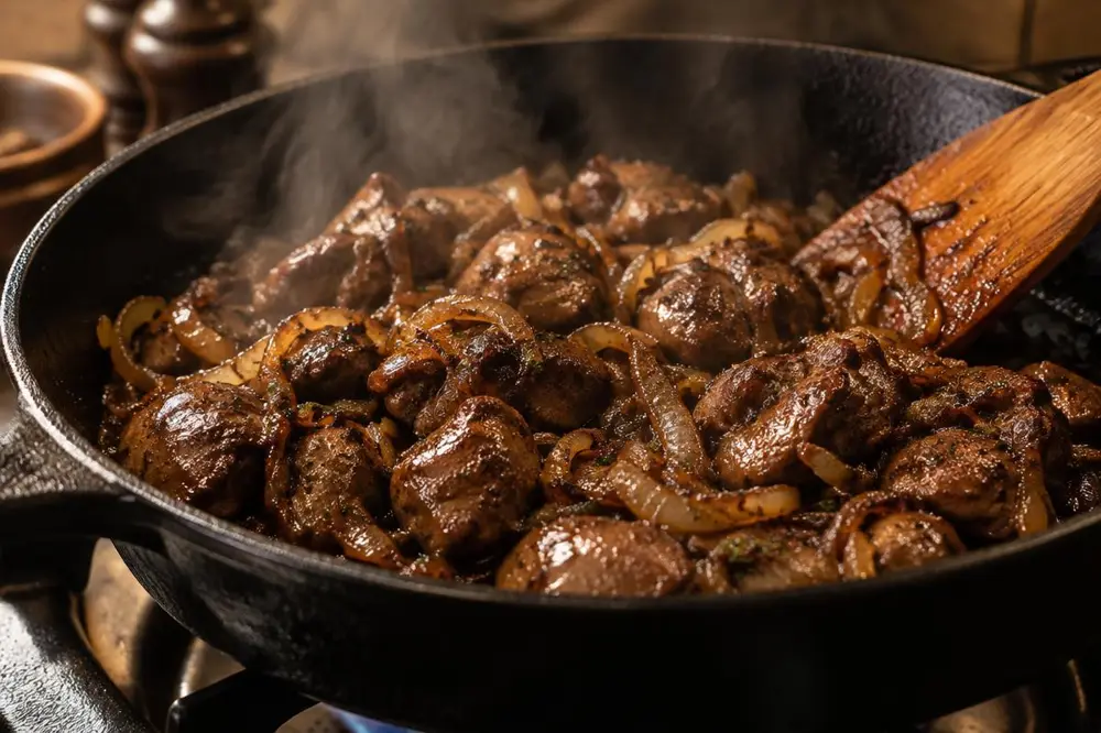 Chicken livers and deeply caramelized onions sizzling in a cast iron skillet with a wooden spatula and rising steam