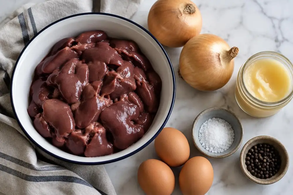 Overhead view of chopped liver ingredients: raw chicken livers in an enamel bowl, yellow onions, brown eggs, a jar of schmaltz, kosher salt and peppercorns on marble