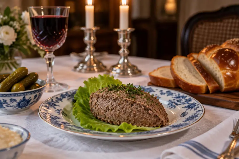 Scoop of chopped liver on a lettuce leaf on a blue and white china plate with challah, pickles, red wine and Shabbat candles