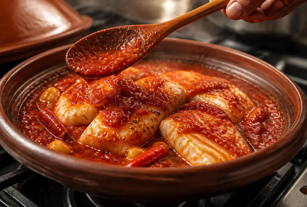 A wooden spoon ladling bright red paprika-tomato chraime sauce over white fish fillets simmering in a shallow clay pan on the stove