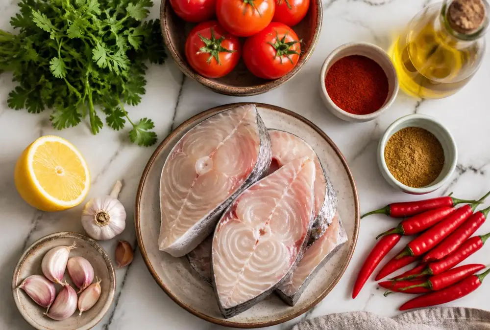 Flat lay of chraime ingredients: white fish steaks, ripe tomatoes, red chili peppers, garlic, sweet paprika, ground cumin, lemon, cilantro, and olive oil on marble