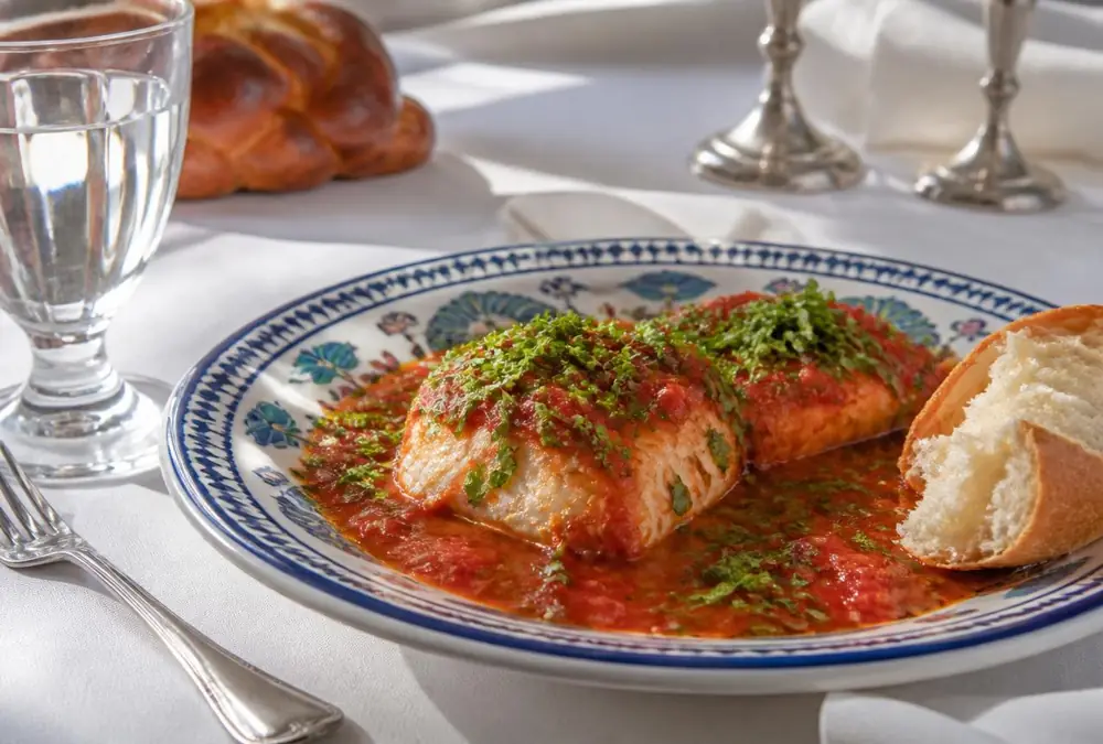 A single plated portion of chraime fish in red sauce on a hand-painted ceramic plate with torn challah and a glass of water on a bright Shabbat table
