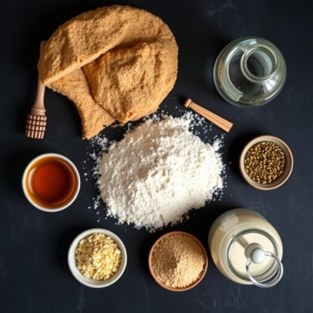 Overhead flat lay of dabo bread ingredients including flour, honey, oil, cardamom, nigella seeds, and yeast in small bowls on a dark rustic surface