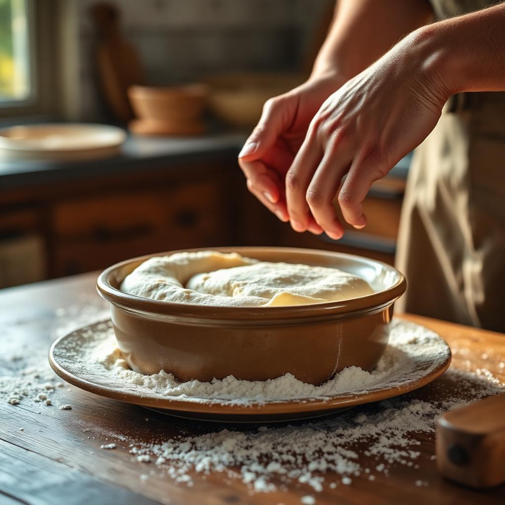 Hands working soft dabo bread dough in a ceramic bowl on a floured wooden table with warm afternoon light