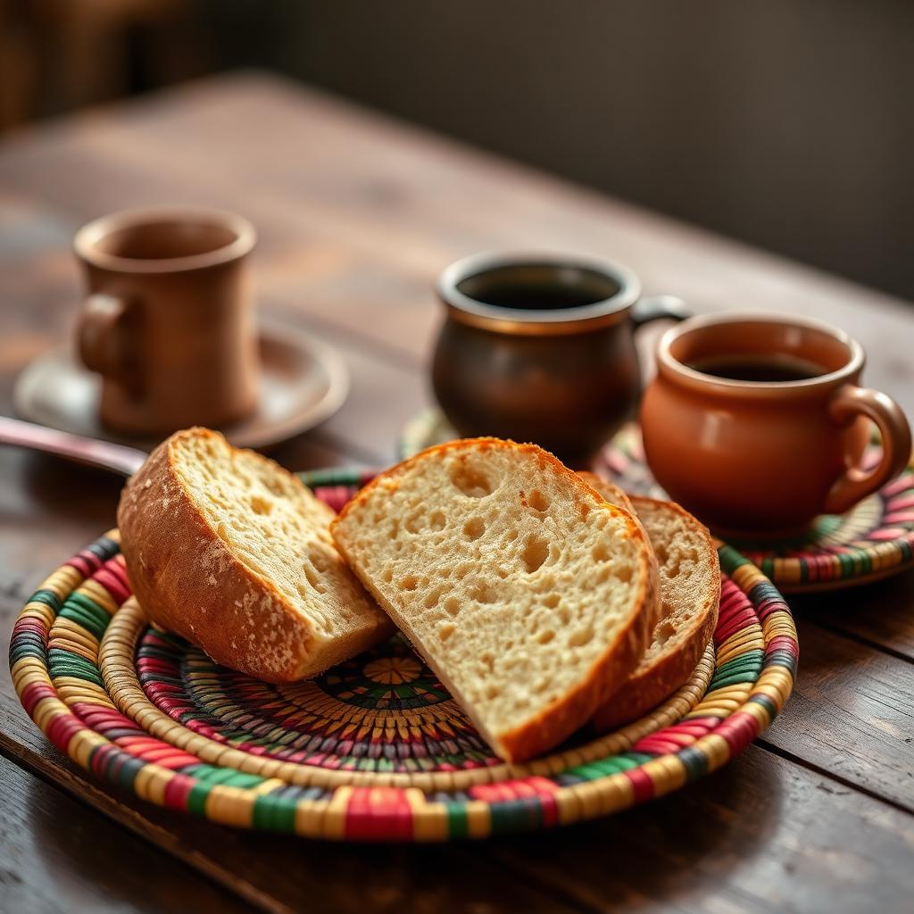 Slices of warm Ethiopian dabo bread on a colorful woven basket plate beside small clay coffee cups on a rustic table