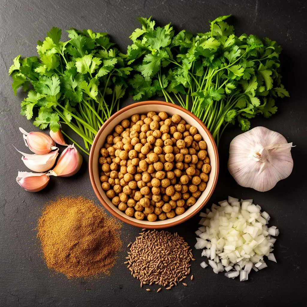 Raw falafel ingredients: soaked dried chickpeas, fresh cilantro, parsley, garlic, cumin and onion