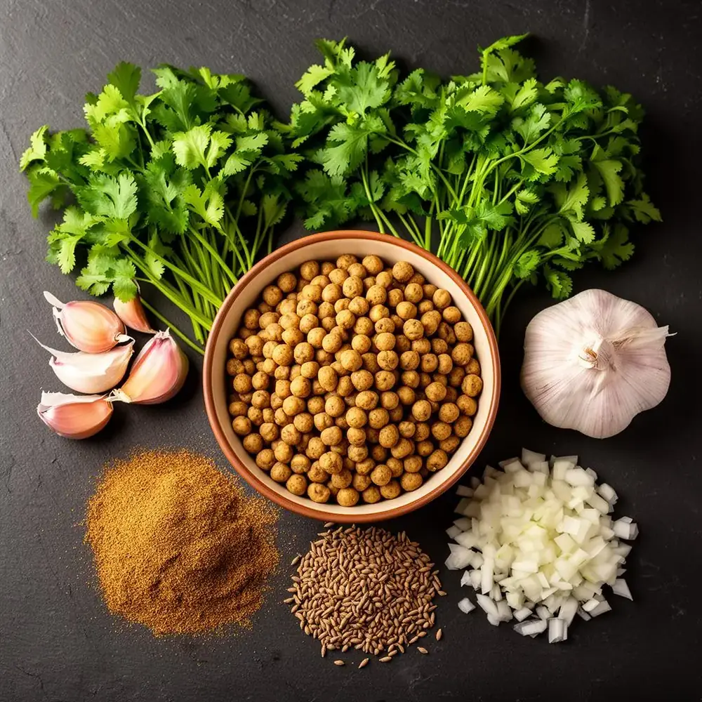 Raw falafel ingredients: soaked dried chickpeas, fresh cilantro, parsley, garlic, cumin and onion