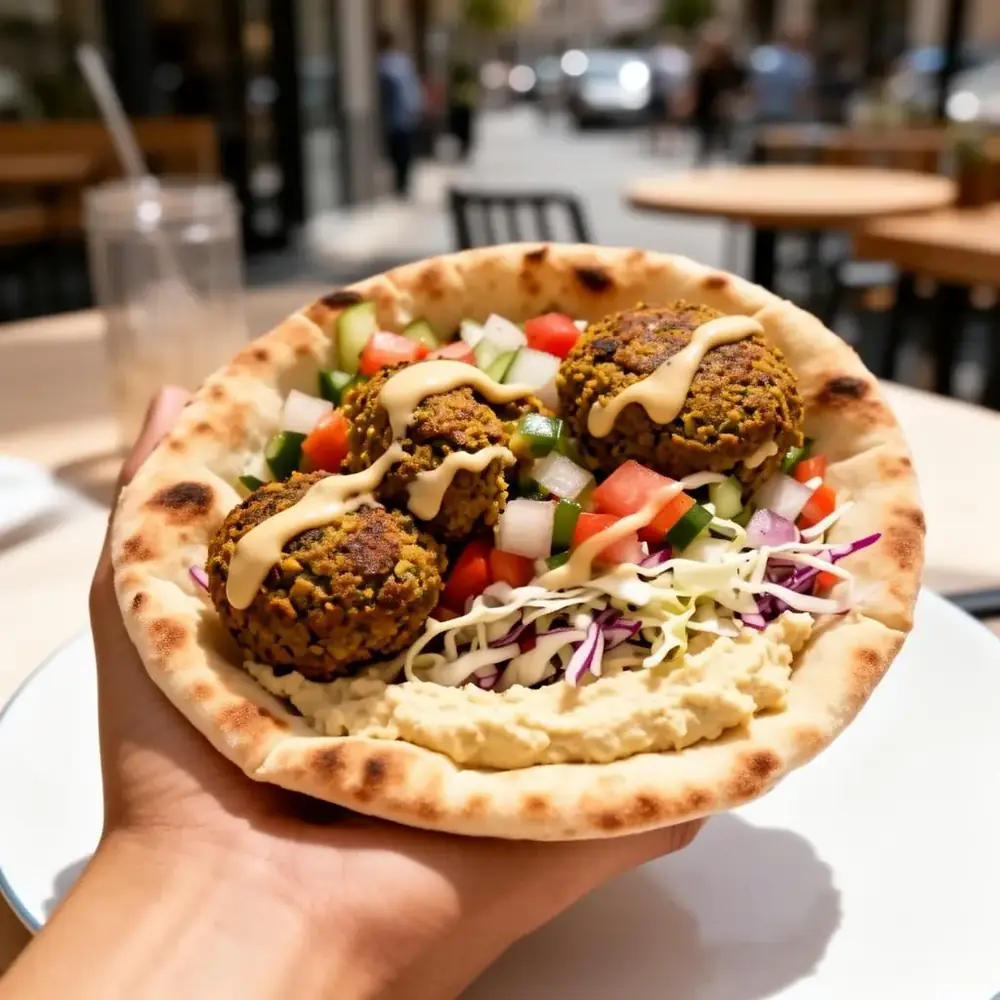Warm pita stuffed with crispy falafel, Israeli salad, hummus, tahini and cabbage