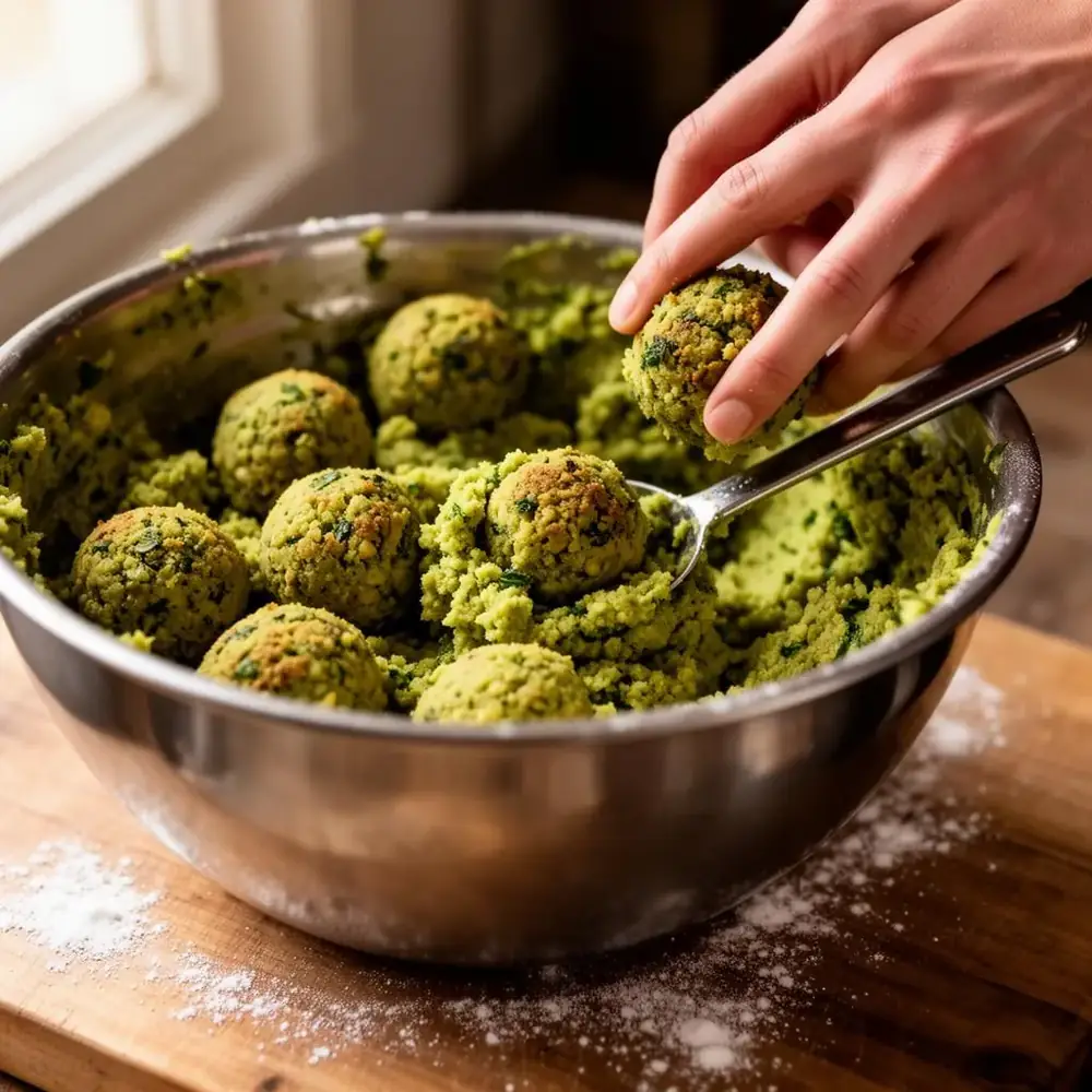 Hands shaping green falafel mixture into balls with a small scoop in a metal bowl