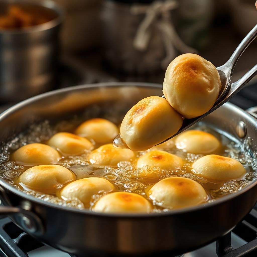 Small dough rolls frying in golden bubbling oil in a deep pan, one being lifted out with a slotted spoon, steam rising