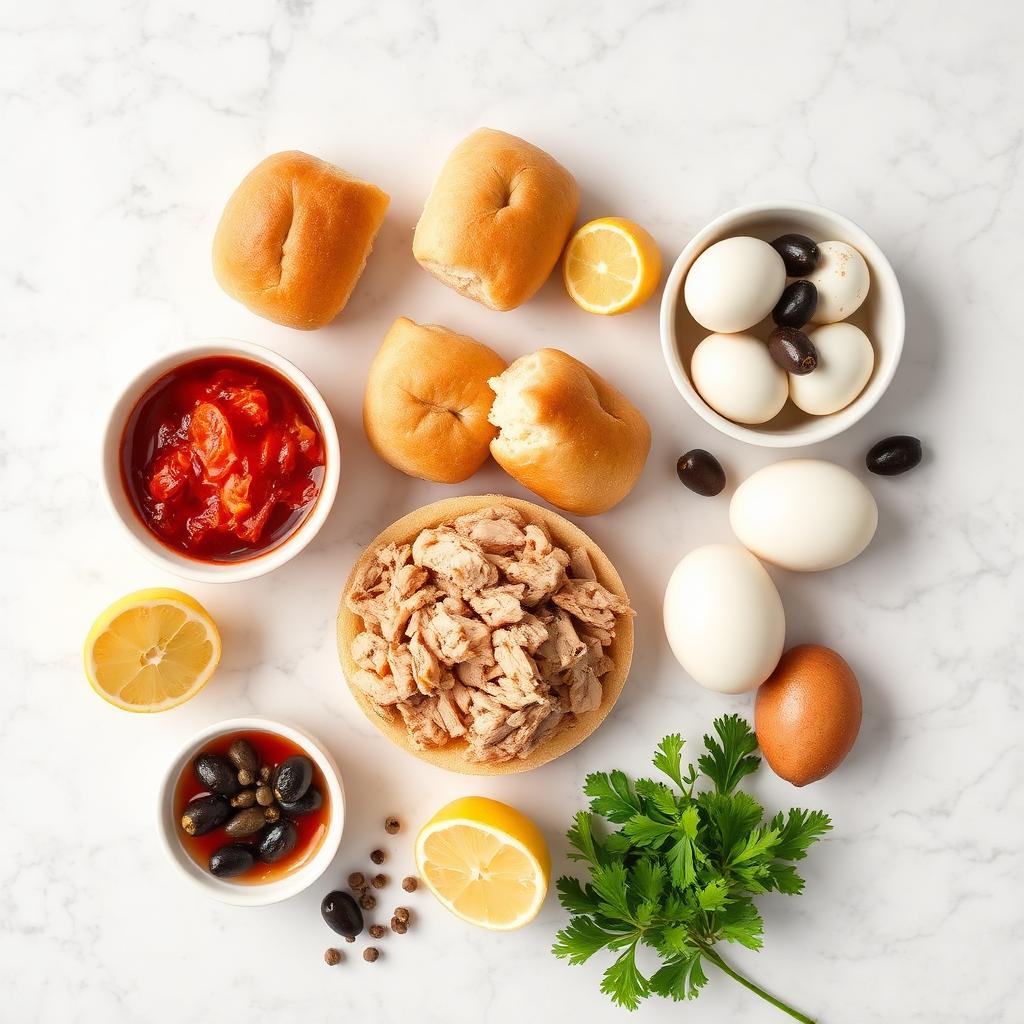Overhead flat lay of Tunisian fricassée ingredients on marble: bread rolls, canned tuna, boiled eggs, harissa, black olives, lemon, capers and parsley