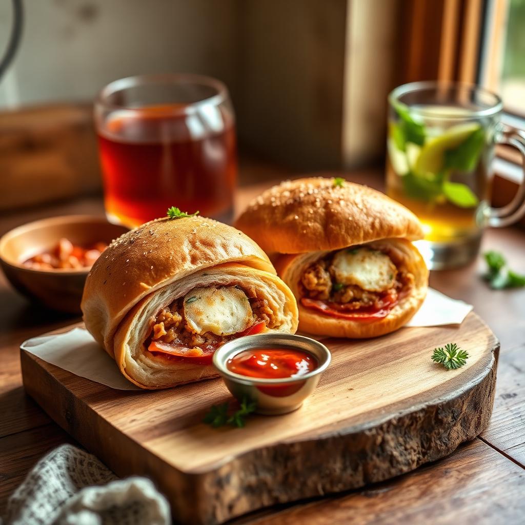 Two stuffed Tunisian fricassée sandwiches on a wooden board with a small dish of harissa and a glass of mint tea in warm window light