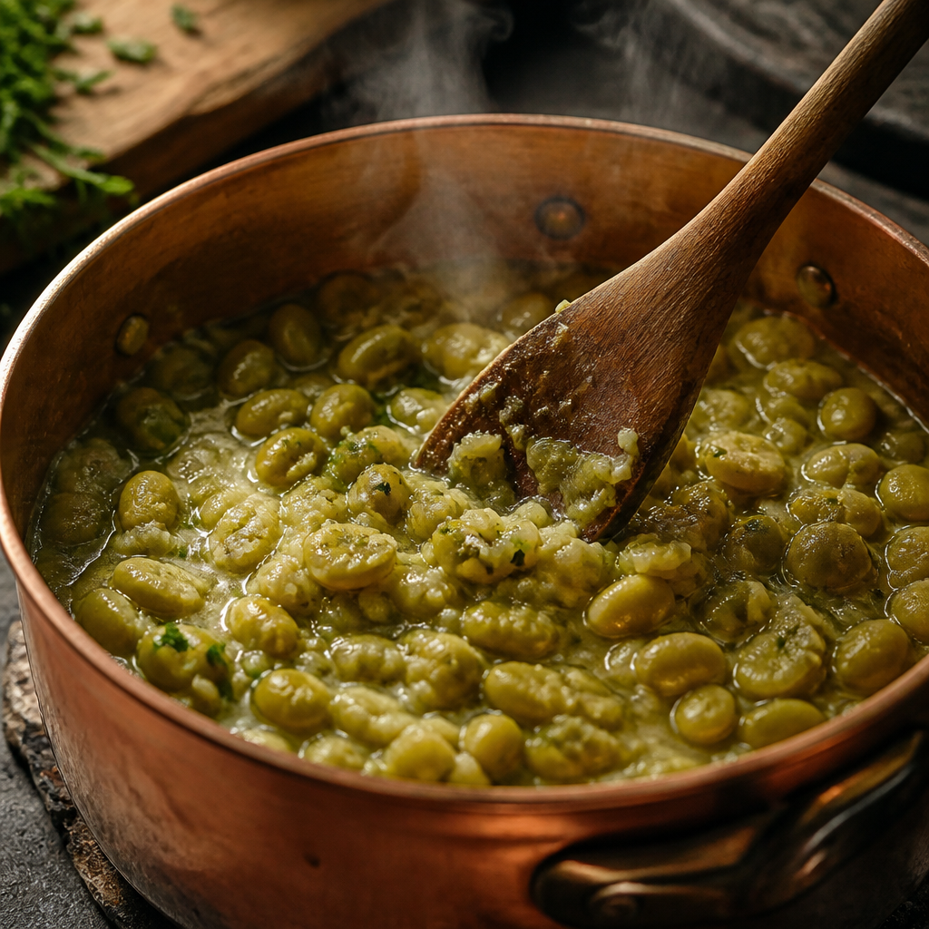 Close-up of a wooden spoon mashing slow-simmered fava beans in a copper pot with steam rising and olive oil glistening